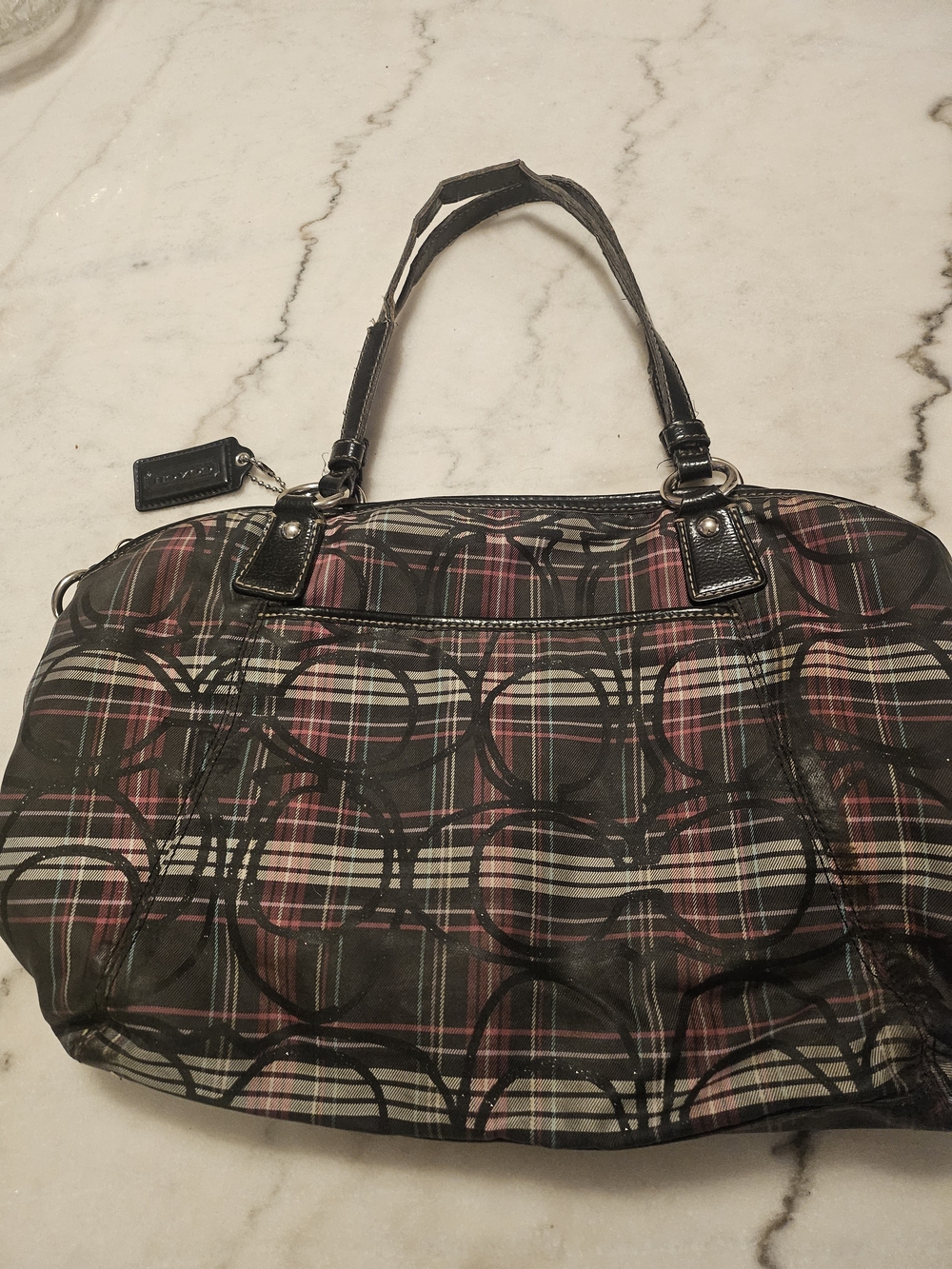 Coach Plaid Signature Tote Bag in Black/Pink - Picture 5 of 13